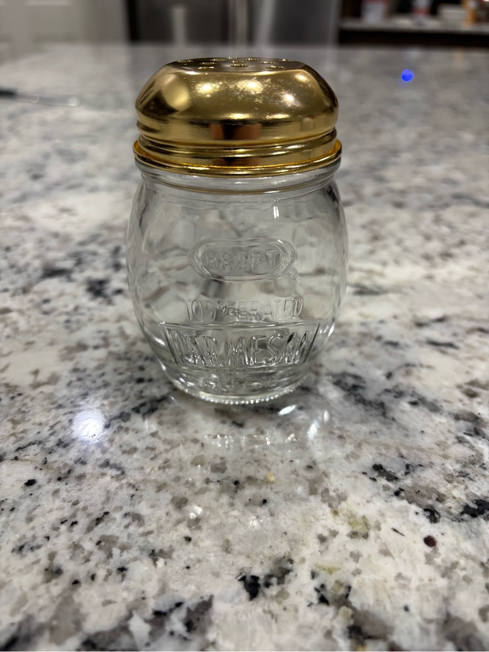 Vintage Kraft 100% Grated Parmesan Cheese Glass Shaker Jar-Gold Tone Lid